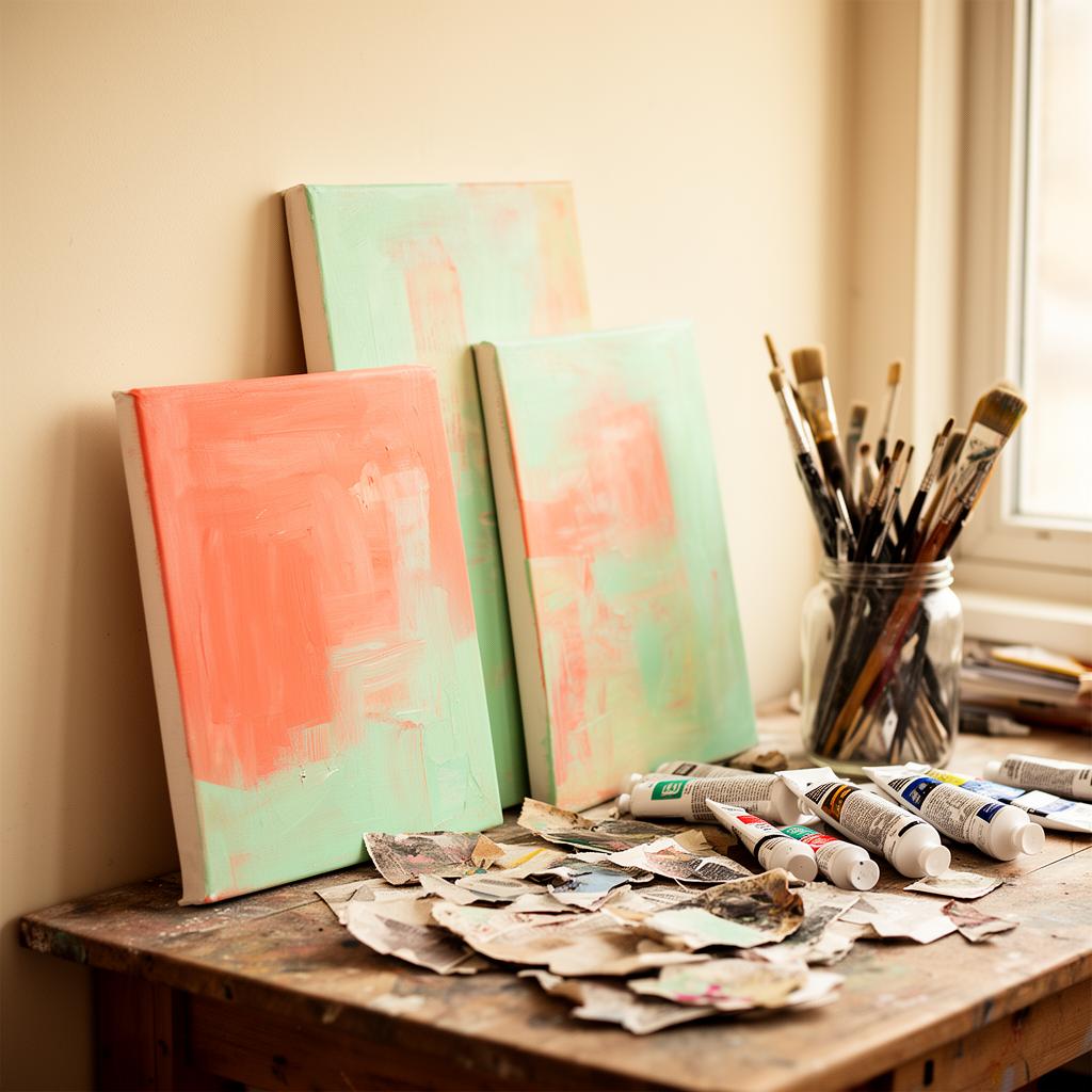 Eileen Dunn's studio — coral and mint paintings, brushes, and collage scraps on a wooden table